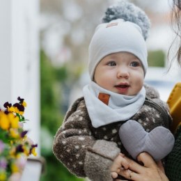 Hi Little One czapka z chustą komplet ALPACA BOHO Grey S Pom Pom